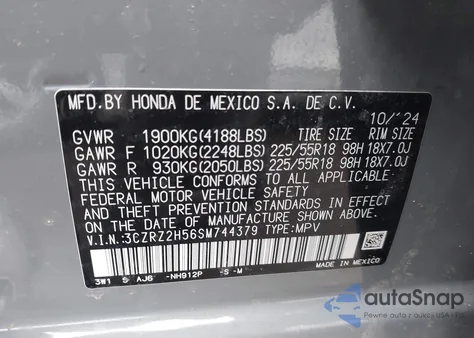 2025 Honda Hr-V Awd Sport z USA, uszkodzony, nr VIN 3CZRZ2H56SM744379